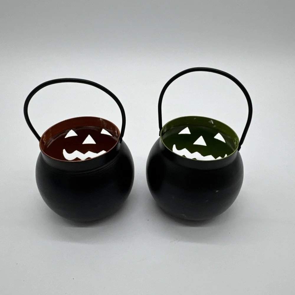 Metal Halloween Jack-O-Lantern Pumpkin Cauldron Handled Candle Votive Holders